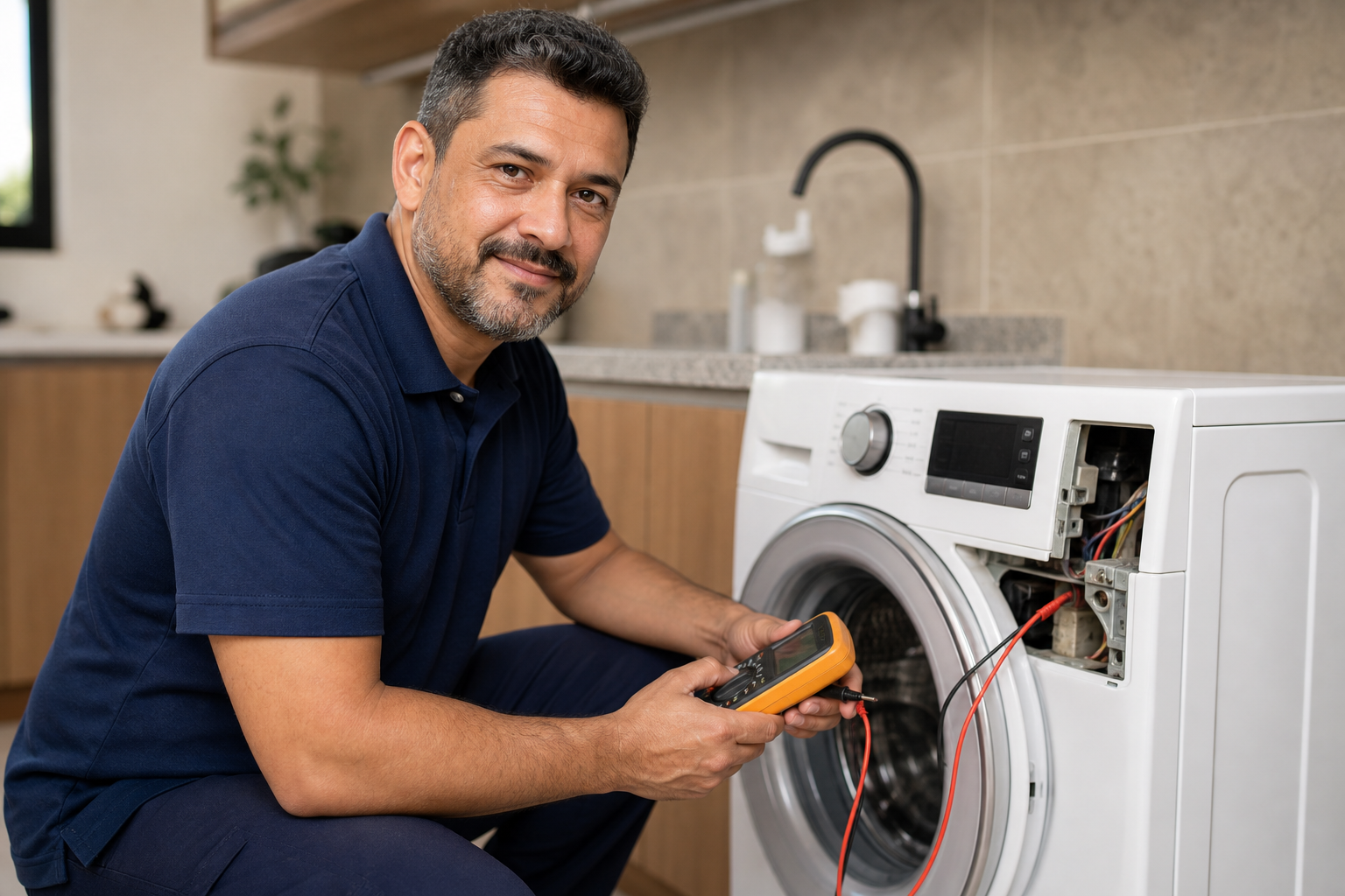 Técnico em uniforme executando diagnóstico em máquina de lavar roupa com equipamento de medição